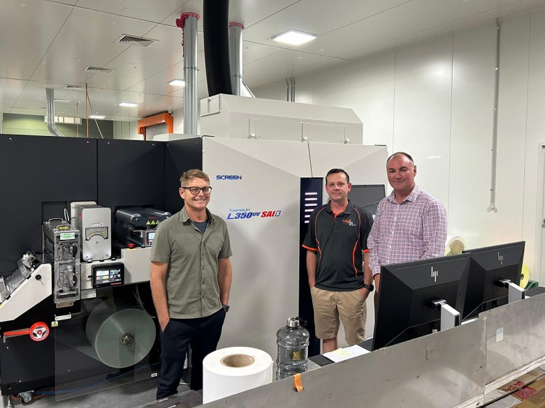 L-R: Label Plus general manager James Atkinson, Label Plus production manager Chris Lee and Jet Technologies sales director David Reece in the front of the newly installed Screen L350UV SAI press